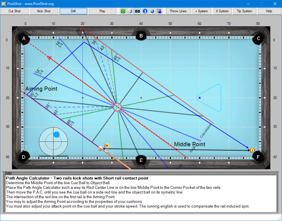 Path Angle Calculator - Two rails kick shots with Short rail contact point